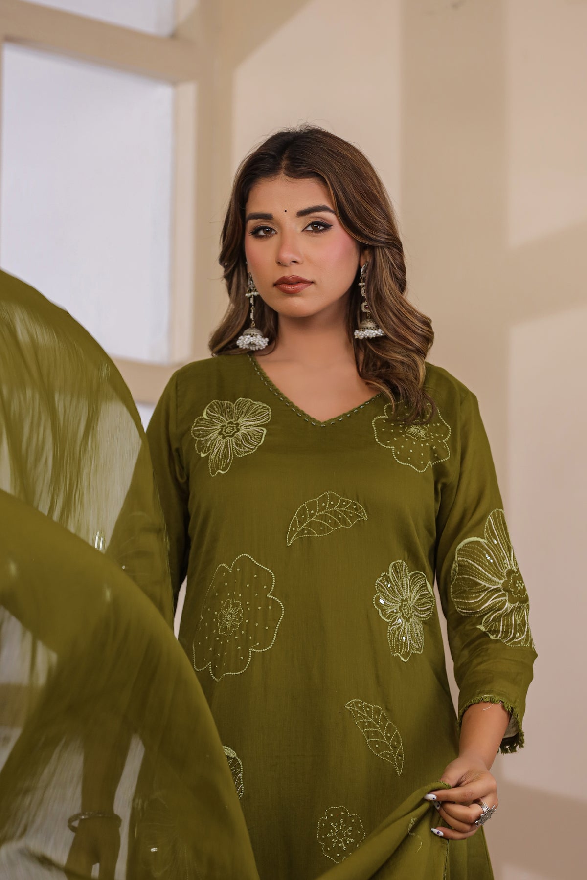 Mehandi Fabric Mall Cotton Kurti Pant Dupatta 3Pcs Set