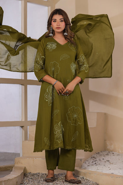Mehandi Fabric Mall Cotton Kurti Pant Dupatta 3Pcs Set