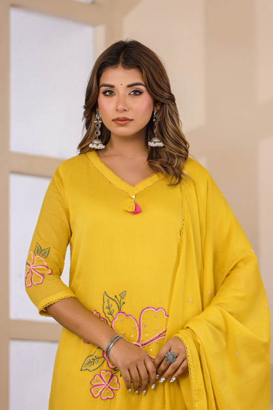 Mustard Fabric Mall Cotton Kurti Pant Dupatta 3Pcs Set