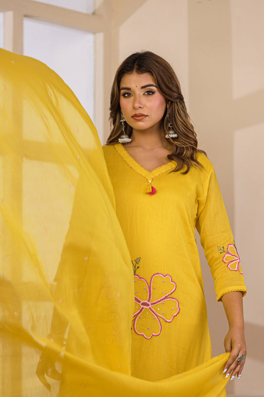 Mustard Fabric Mall Cotton Kurti Pant Dupatta 3Pcs Set