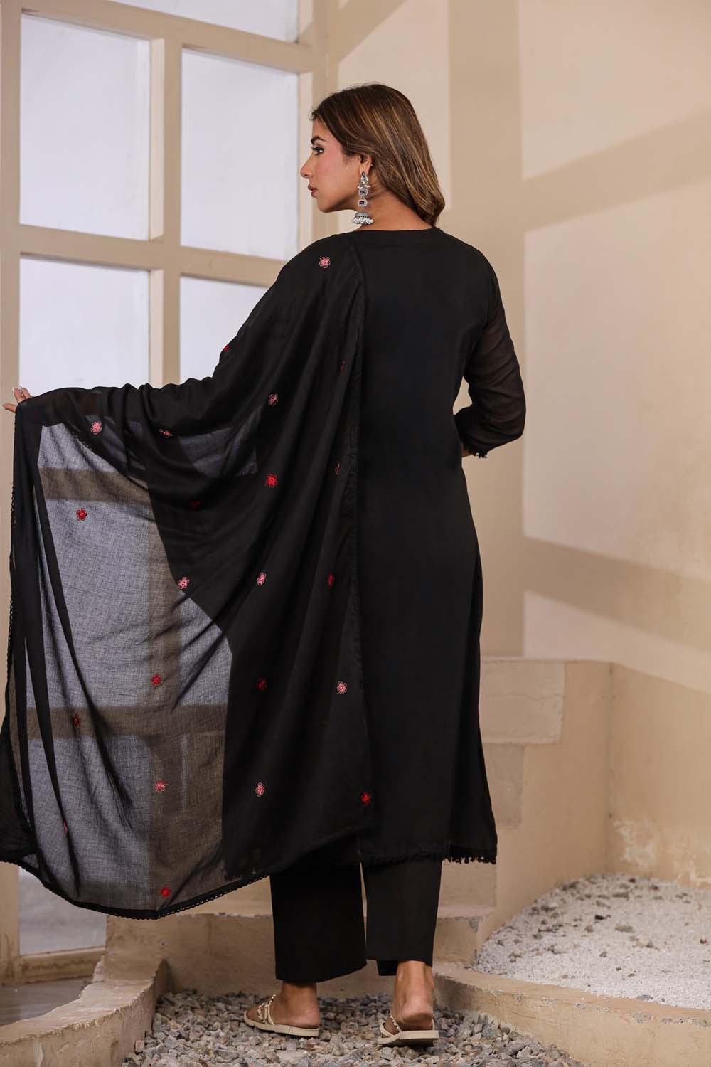 Black Fabric Mall Cotton Kurti Plazo Dupatta 3Pcs Set