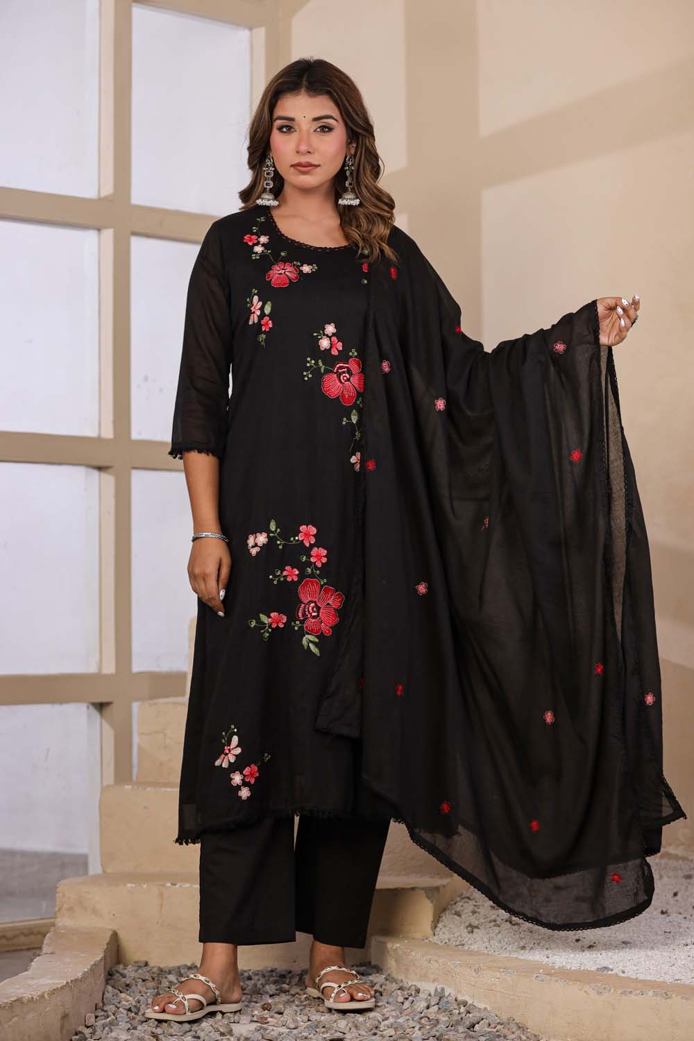 Black Fabric Mall Cotton Kurti Plazo Dupatta 3Pcs Set