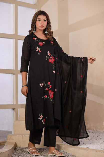 Black Fabric Mall Cotton Kurti Plazo Dupatta 3Pcs Set