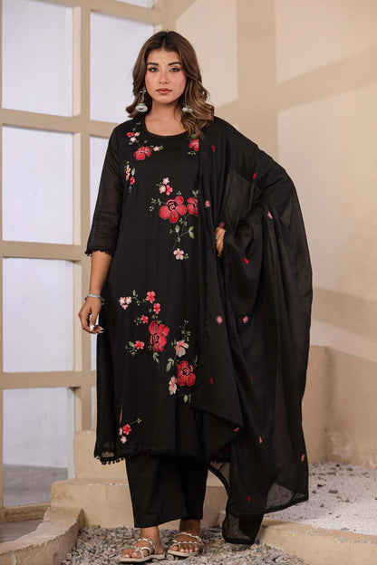 Black Fabric Mall Cotton Kurti Plazo Dupatta 3Pcs Set