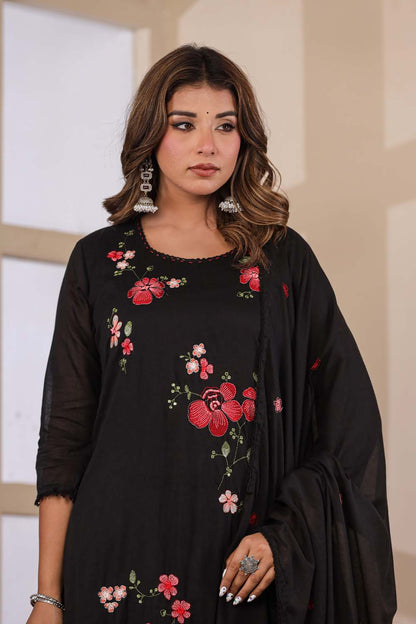 Black Fabric Mall Cotton Kurti Plazo Dupatta 3Pcs Set