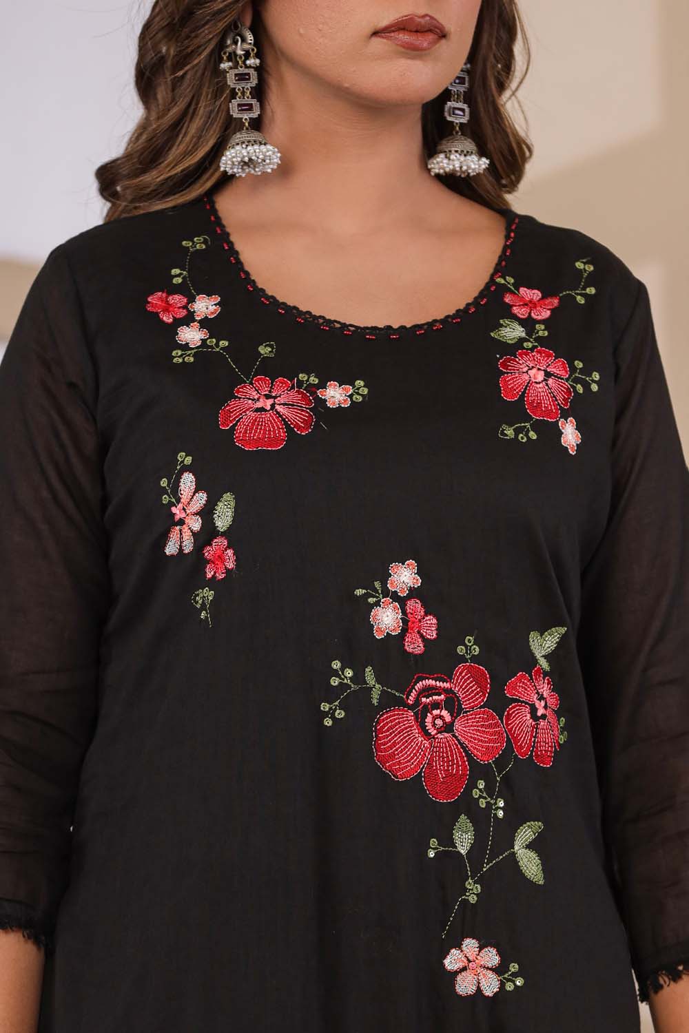 Black Fabric Mall Cotton Kurti Plazo Dupatta 3Pcs Set