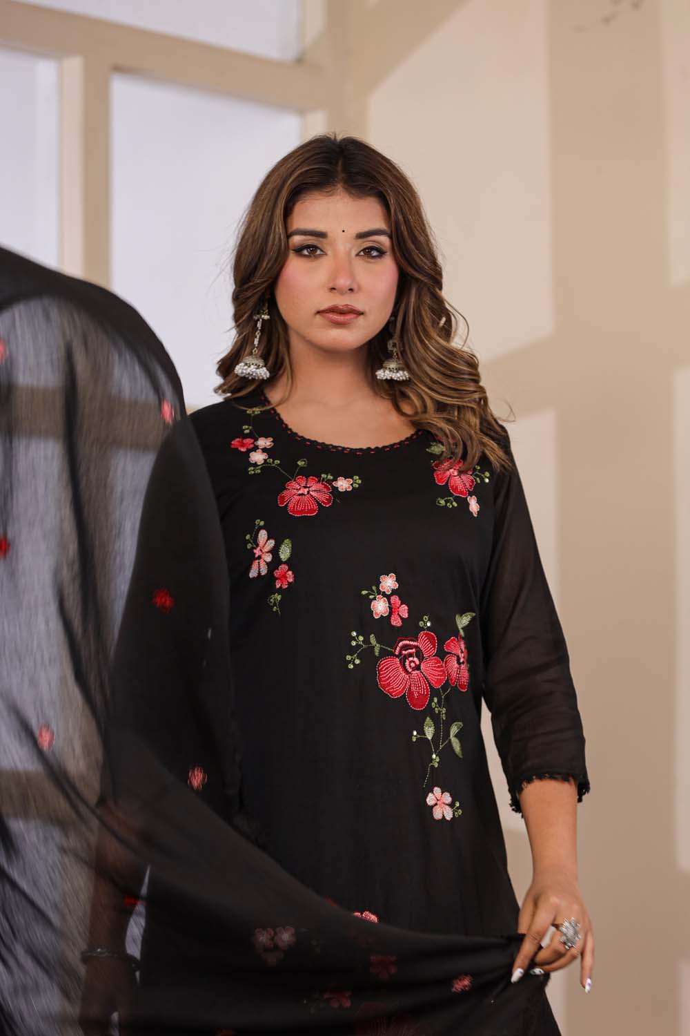 Black Fabric Mall Cotton Kurti Plazo Dupatta 3Pcs Set