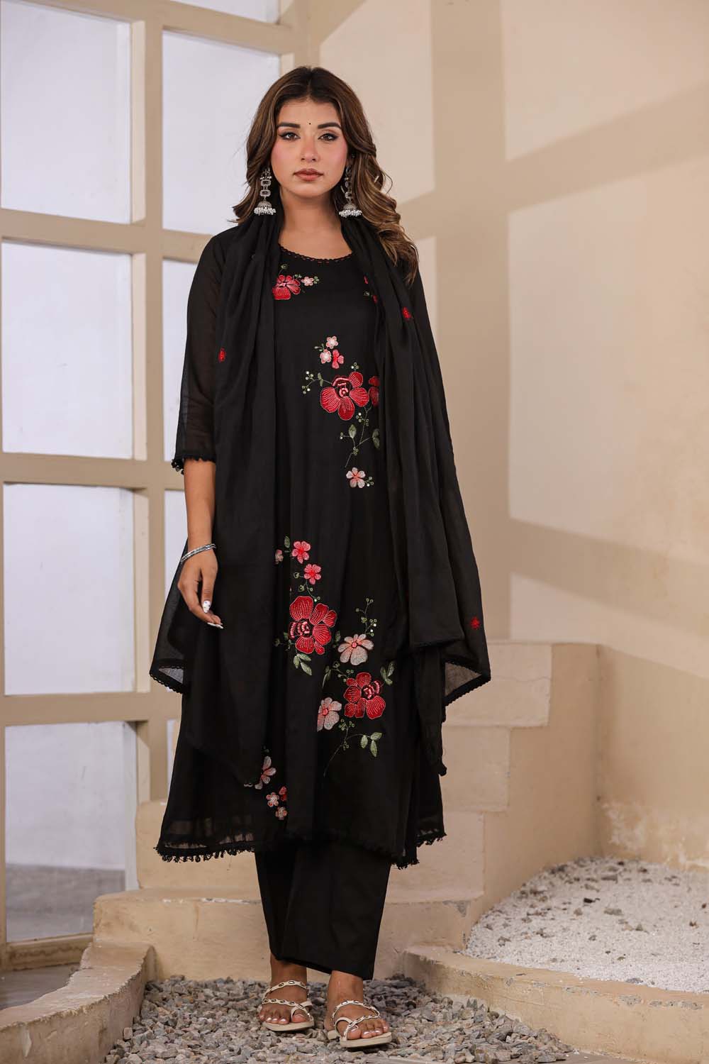 Black Fabric Mall Cotton Kurti Plazo Dupatta 3Pcs Set