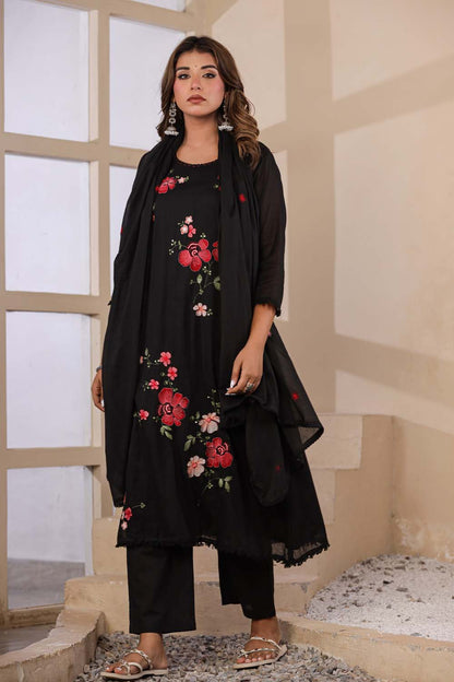 Black Fabric Mall Cotton Kurti Plazo Dupatta 3Pcs Set
