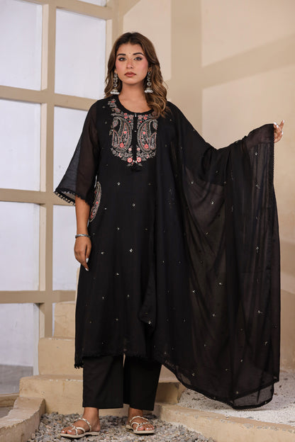 Black Fabric Mall Cotton Kurti Plazo Dupatta 3Pcs Set