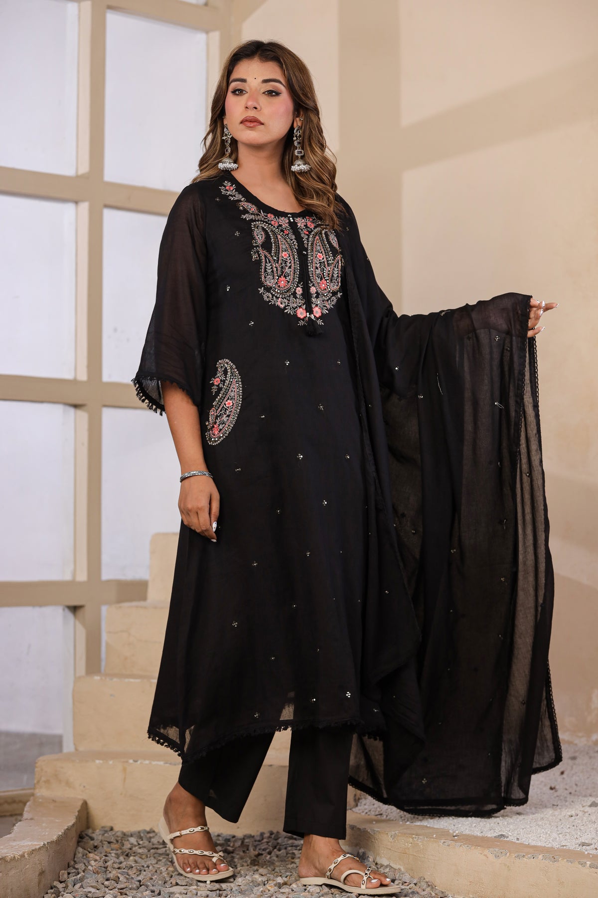 Black Fabric Mall Cotton Kurti Plazo Dupatta 3Pcs Set