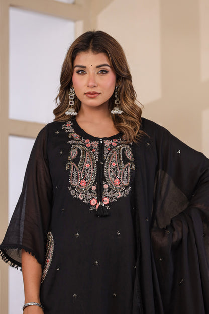 Black Fabric Mall Cotton Kurti Plazo Dupatta 3Pcs Set