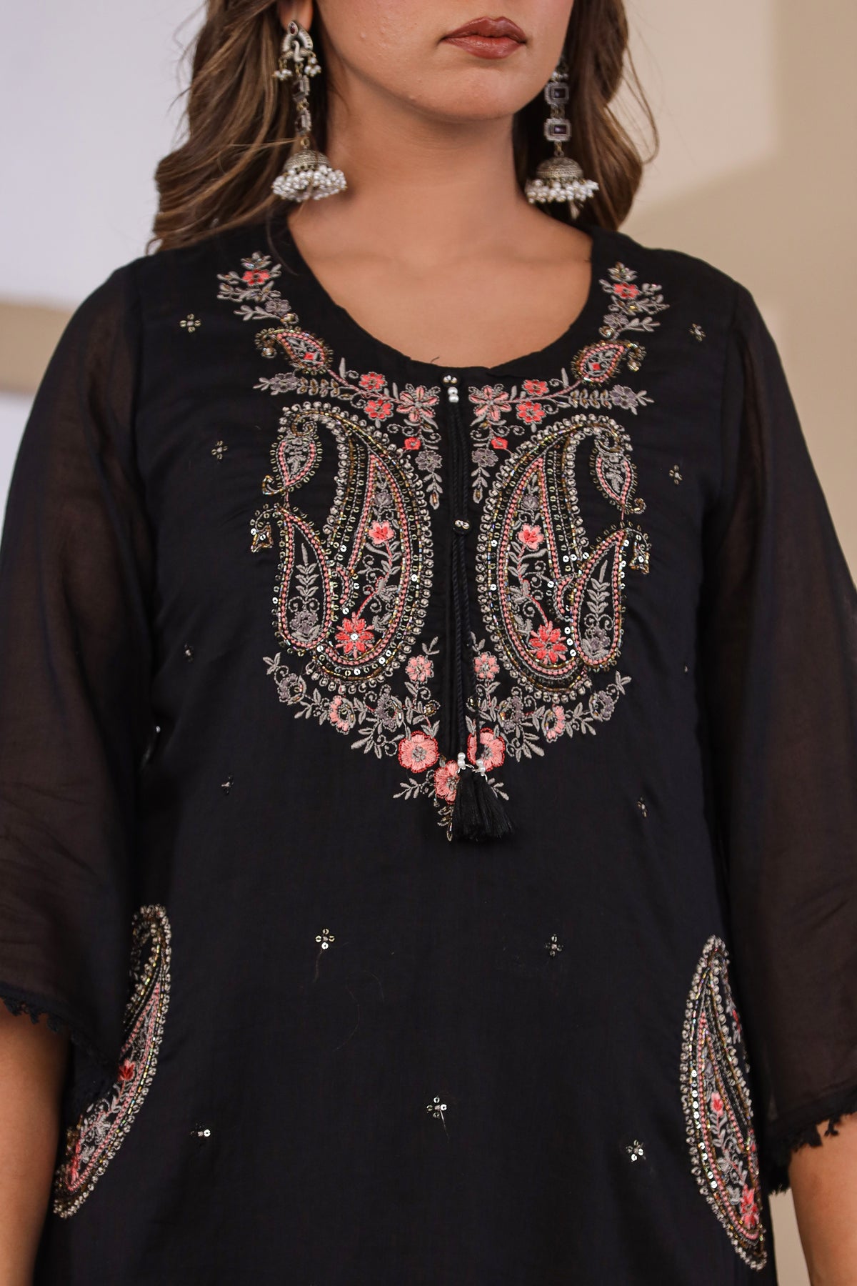 Black Fabric Mall Cotton Kurti Plazo Dupatta 3Pcs Set