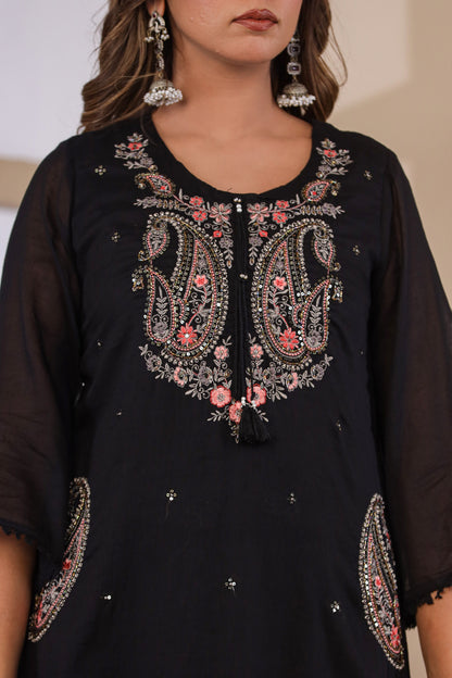 Black Fabric Mall Cotton Kurti Plazo Dupatta 3Pcs Set
