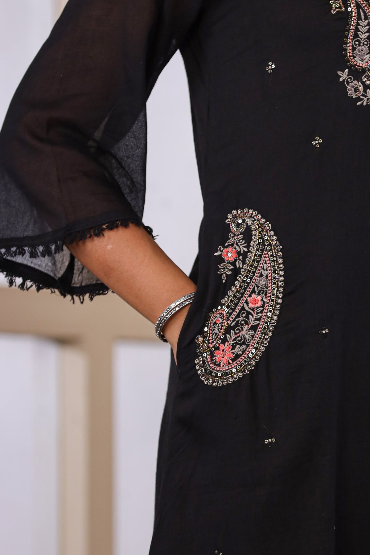 Black Fabric Mall Cotton Kurti Plazo Dupatta 3Pcs Set
