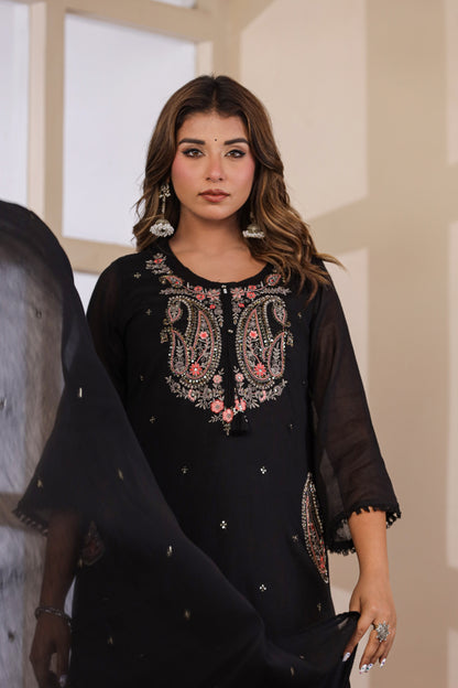 Black Fabric Mall Cotton Kurti Plazo Dupatta 3Pcs Set