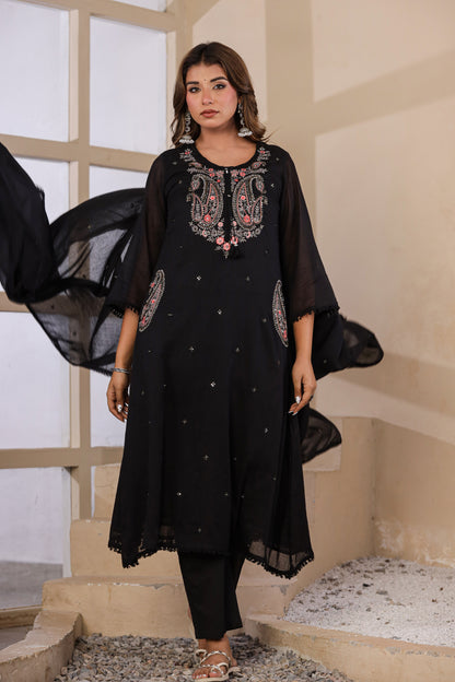 Black Fabric Mall Cotton Kurti Plazo Dupatta 3Pcs Set