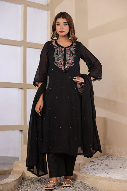 Black Fabric Mall Cotton Kurti Plazo Dupatta 3Pcs Set