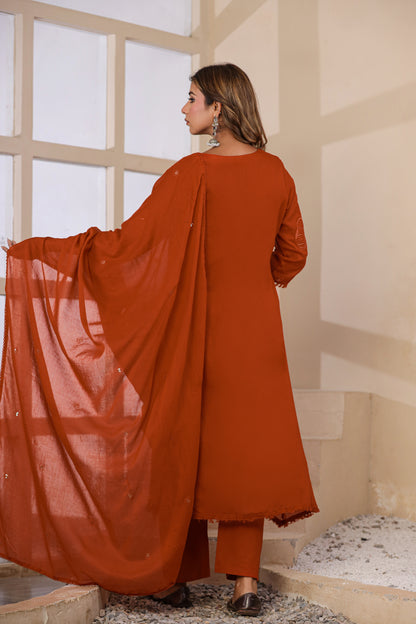 Rust Fabric Mall Cotton Kurti Pant Dupatta 3Pcs Set