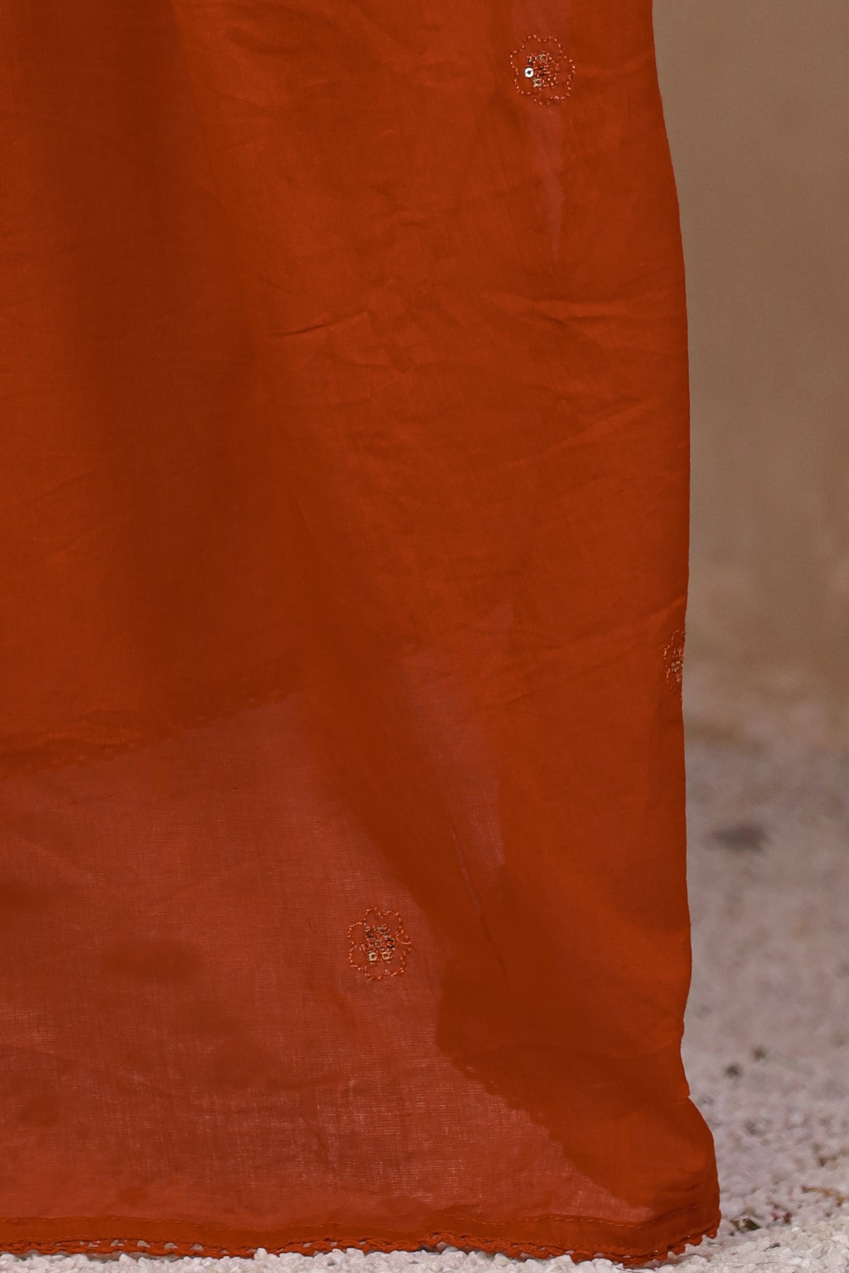Rust Fabric Mall Cotton Kurti Pant Dupatta 3Pcs Set