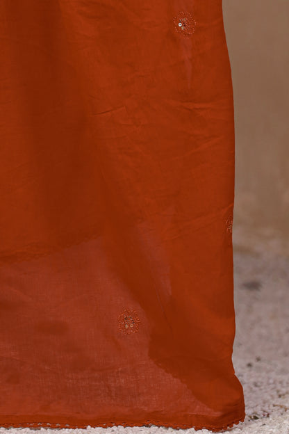 Rust Fabric Mall Cotton Kurti Pant Dupatta 3Pcs Set