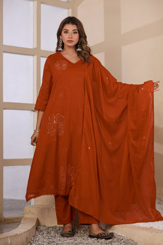 Rust Fabric Mall Cotton Kurti Pant Dupatta 3Pcs Set