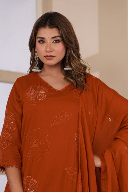 Rust Fabric Mall Cotton Kurti Pant Dupatta 3Pcs Set