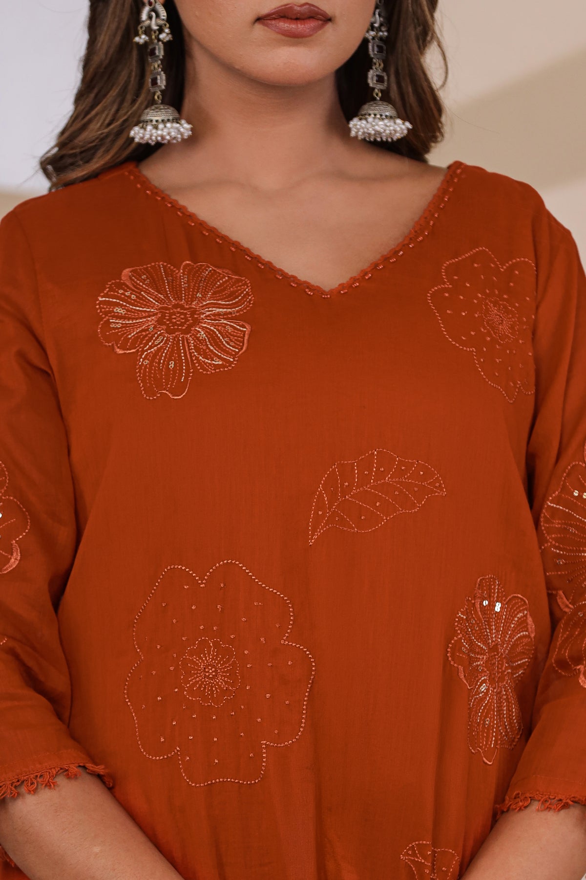 Rust Fabric Mall Cotton Kurti Pant Dupatta 3Pcs Set