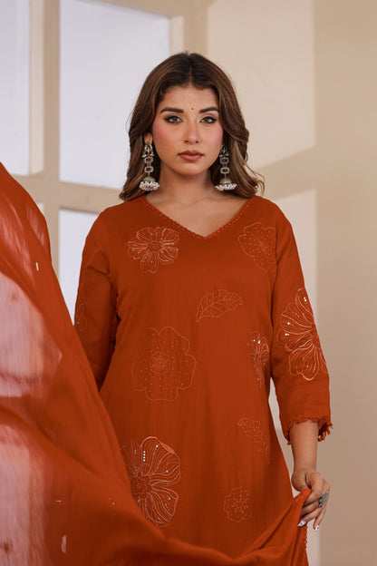 Rust Fabric Mall Cotton Kurti Pant Dupatta 3Pcs Set