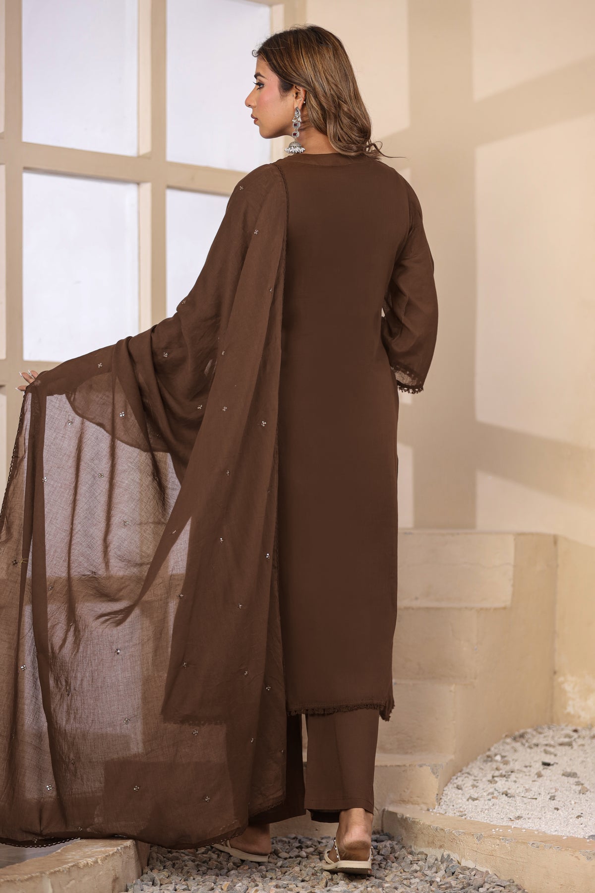 Brown Fabric Mall Cotton Kurti Plazo Dupatta 3Pcs Set