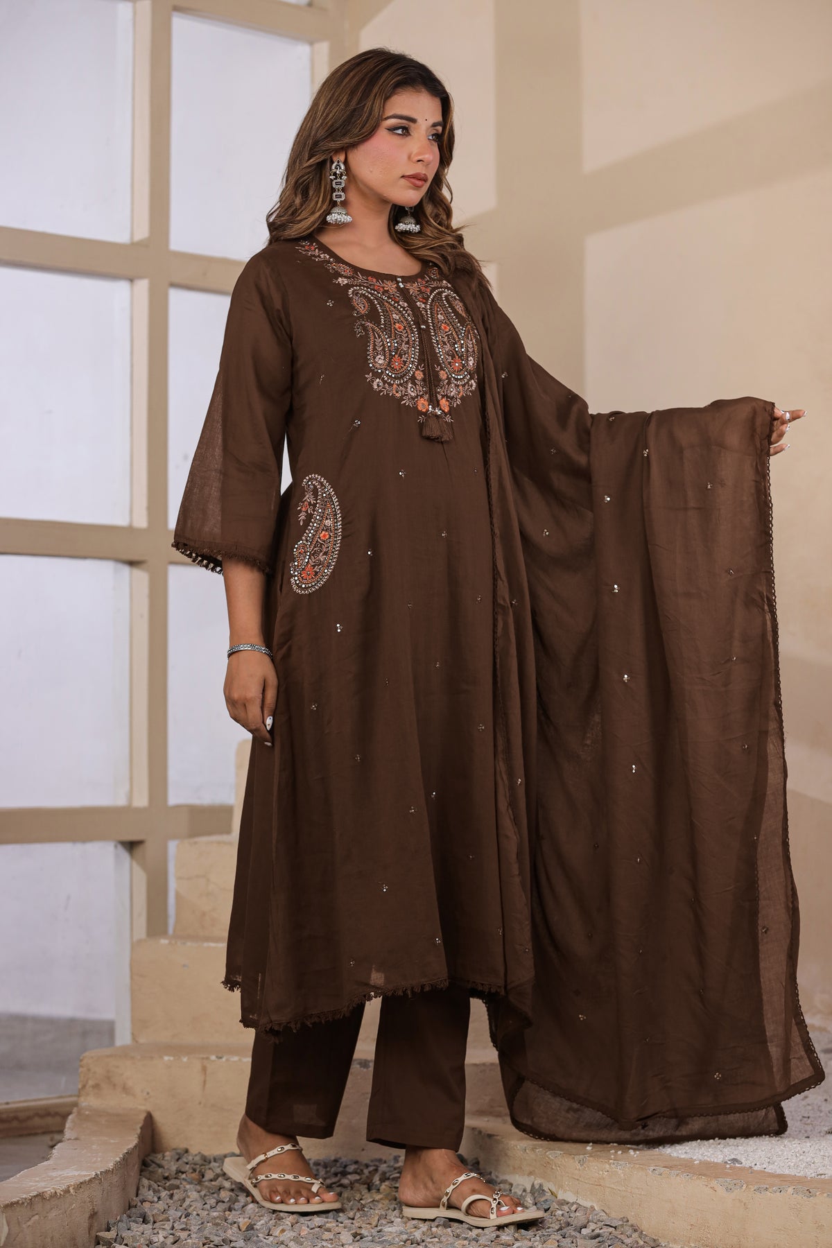 Brown Fabric Mall Cotton Kurti Plazo Dupatta 3Pcs Set