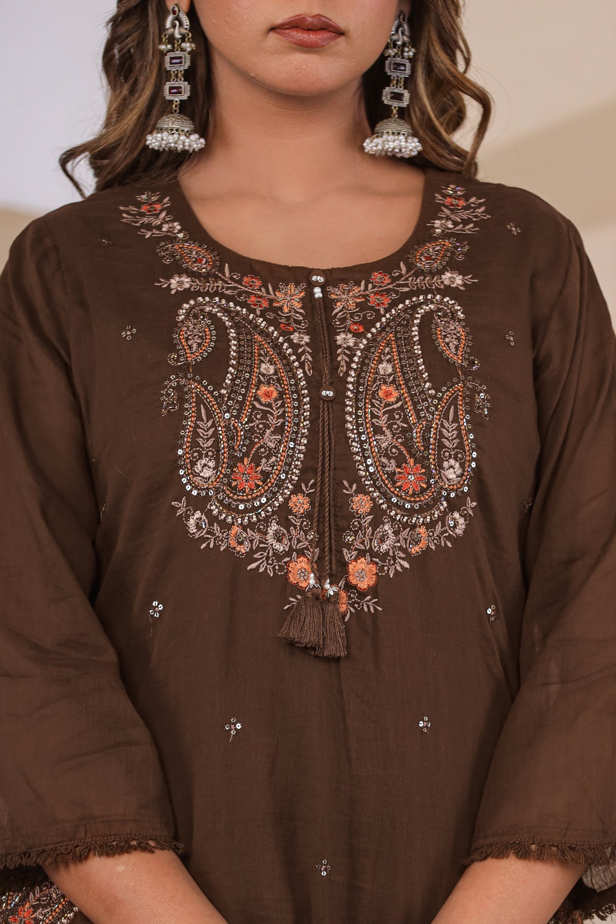 Brown Fabric Mall Cotton Kurti Plazo Dupatta 3Pcs Set