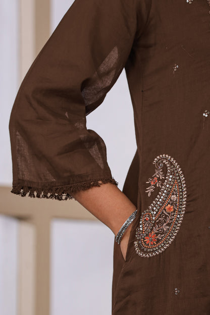 Brown Fabric Mall Cotton Kurti Plazo Dupatta 3Pcs Set