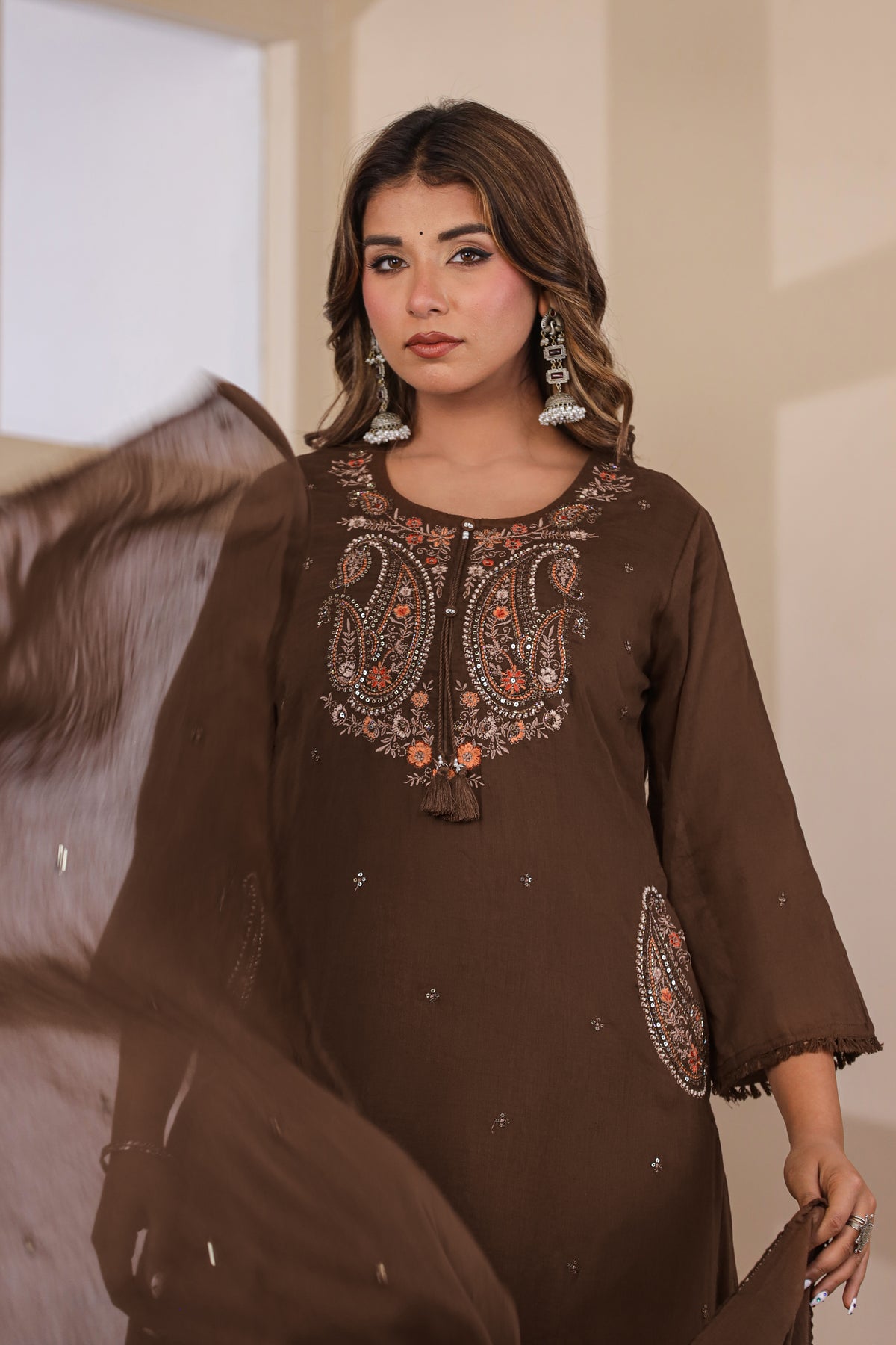Brown Fabric Mall Cotton Kurti Plazo Dupatta 3Pcs Set