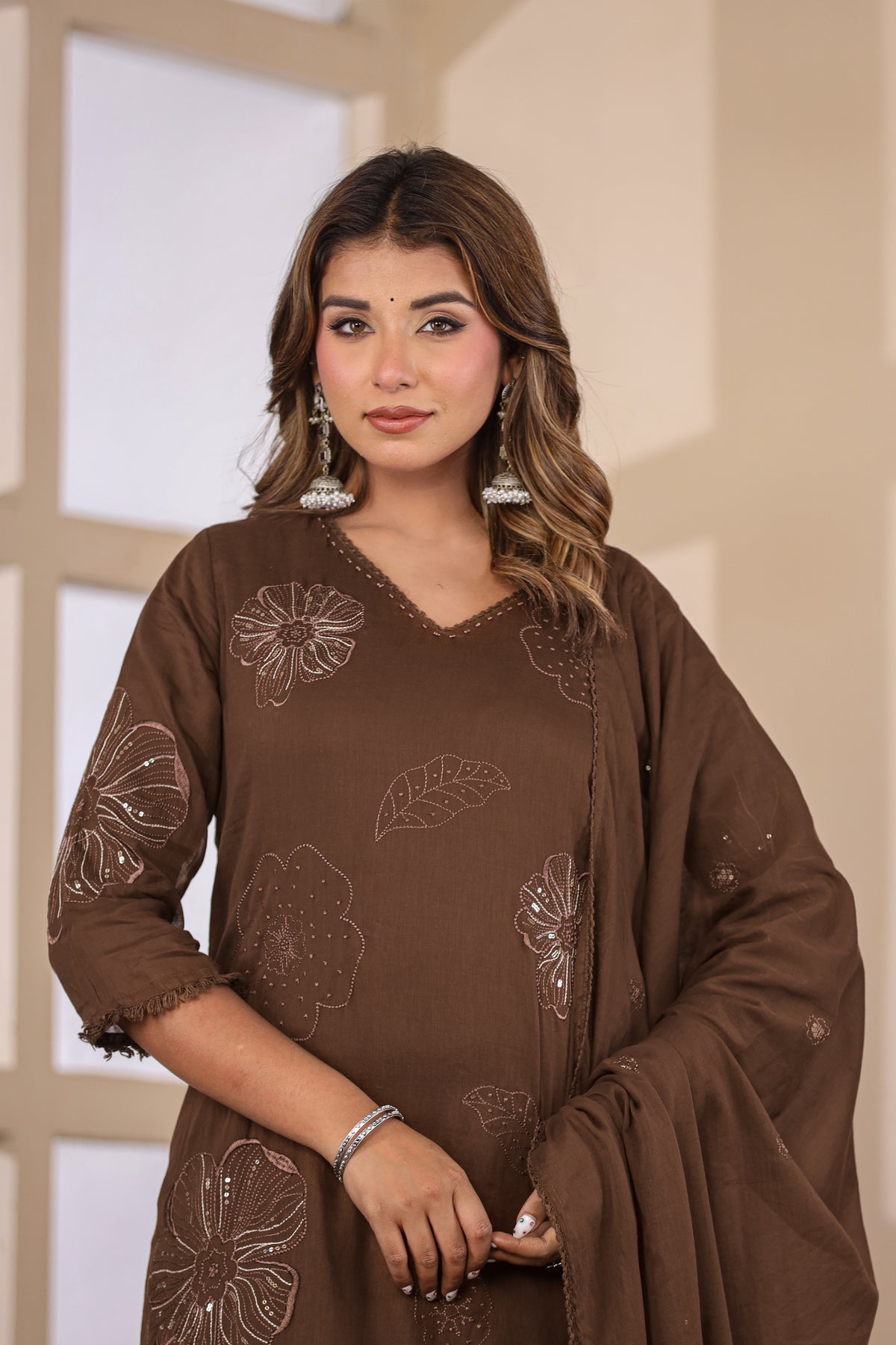 Brown Fabric Mall Cotton Kurti Pant Dupatta 3Pcs Set