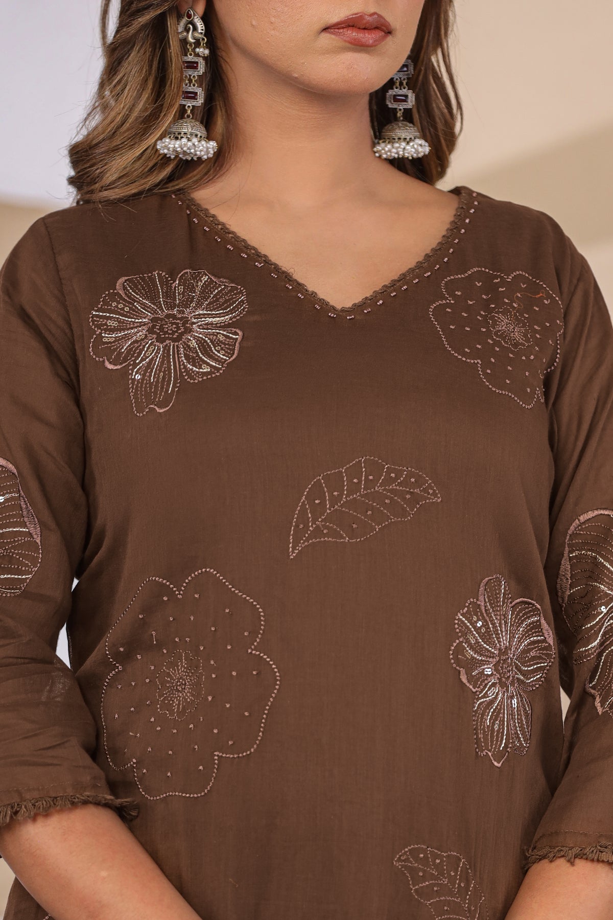 Brown Fabric Mall Cotton Kurti Pant Dupatta 3Pcs Set