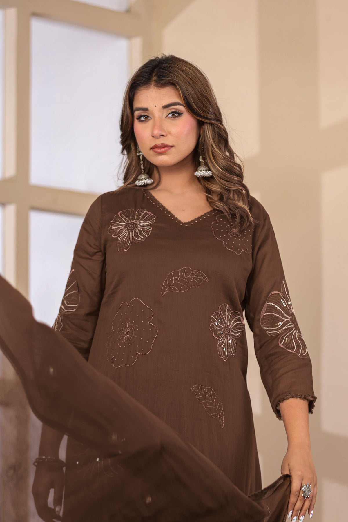 Brown Fabric Mall Cotton Kurti Pant Dupatta 3Pcs Set