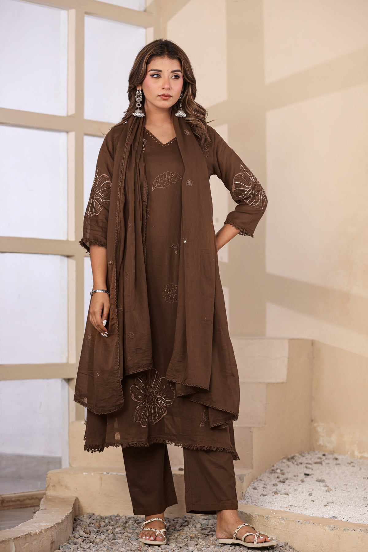 Brown Fabric Mall Cotton Kurti Pant Dupatta 3Pcs Set