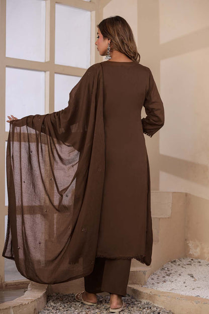 Brown Fabric Mall Cotton Kurti Plazo Dupatta 3Pcs Set