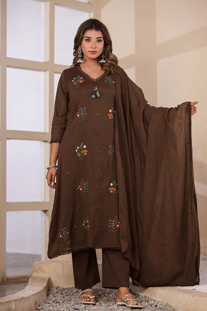 Brown Fabric Mall Cotton Kurti Plazo Dupatta 3Pcs Set