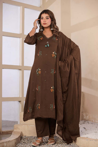 Brown Fabric Mall Cotton Kurti Plazo Dupatta 3Pcs Set