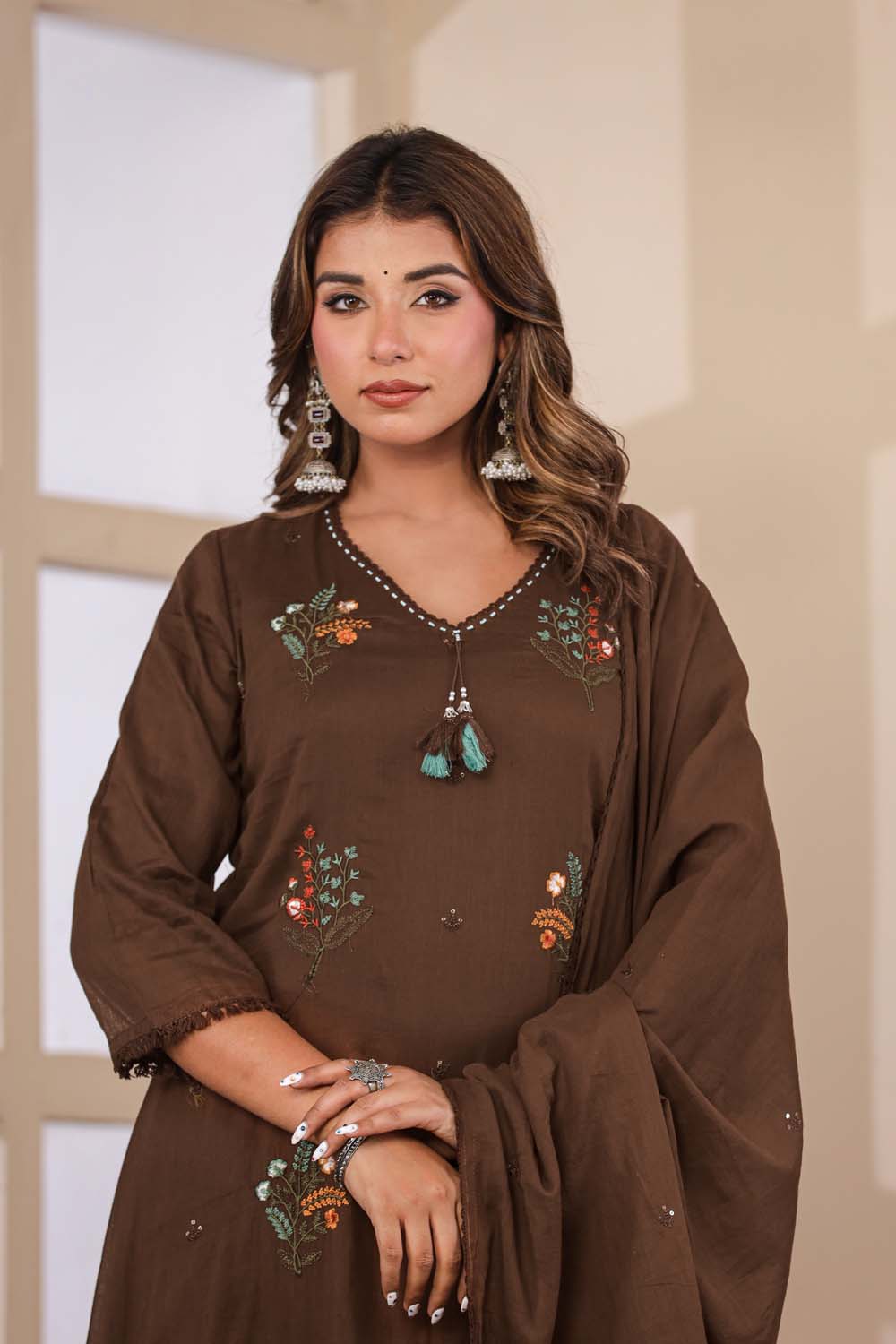 Brown Fabric Mall Cotton Kurti Plazo Dupatta 3Pcs Set