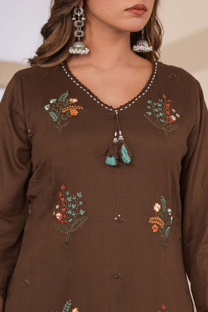 Brown Fabric Mall Cotton Kurti Plazo Dupatta 3Pcs Set