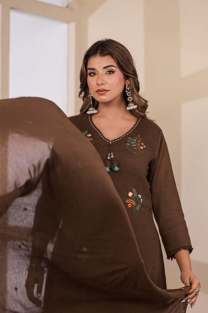 Brown Fabric Mall Cotton Kurti Plazo Dupatta 3Pcs Set