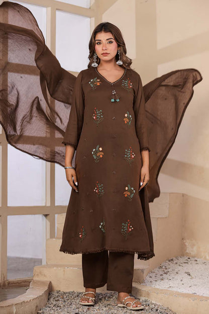 Brown Fabric Mall Cotton Kurti Plazo Dupatta 3Pcs Set