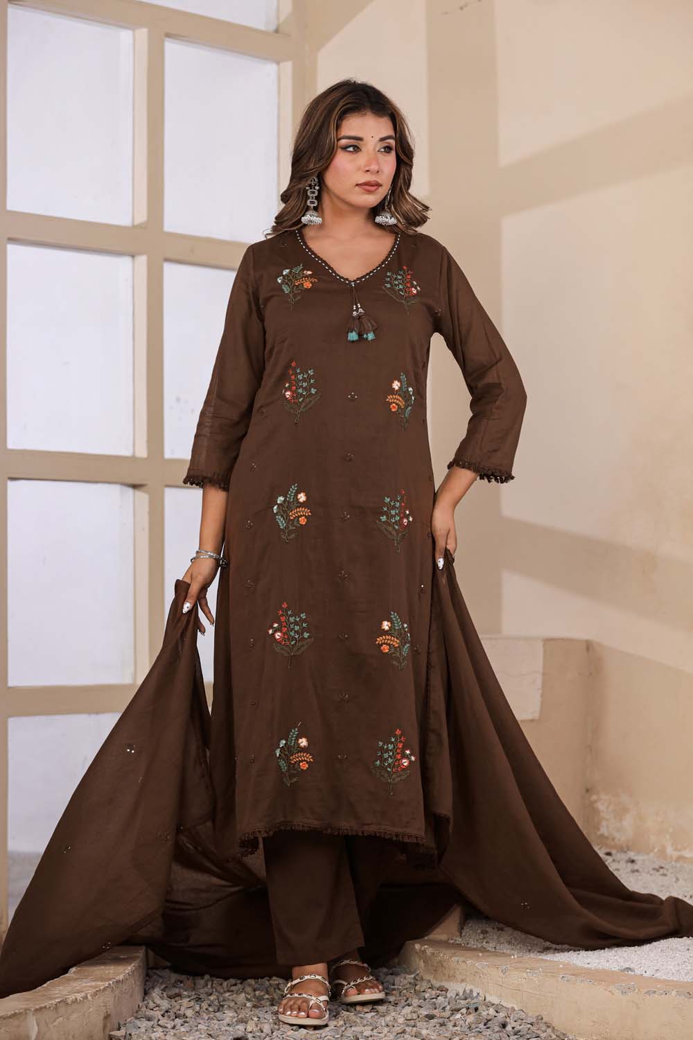 Brown Fabric Mall Cotton Kurti Plazo Dupatta 3Pcs Set