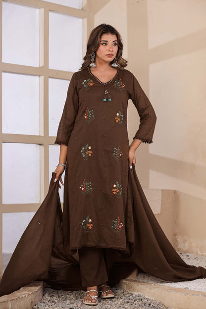 Brown Fabric Mall Cotton Kurti Plazo Dupatta 3Pcs Set