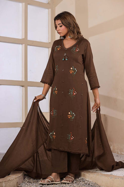 Brown Fabric Mall Cotton Kurti Plazo Dupatta 3Pcs Set