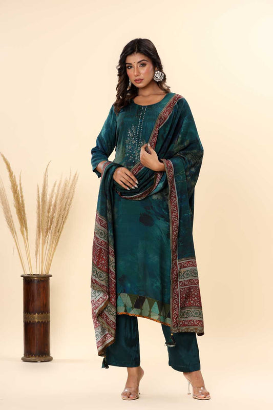 PEACOCK GREEN PARTY QUEEN  KURTI WITH PANT AND DUPATTA SET