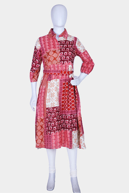 Pink Printed Cotton A-line Kurti